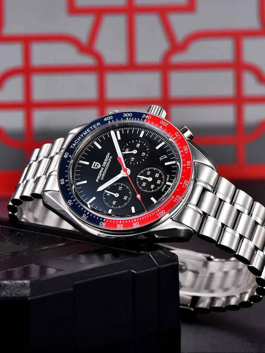 Pagani Design Ανδρικό Ρολόι 40mm Χρονογράφος Μπαταρίας με Ασημί Ατσάλινο Μπρασελέ