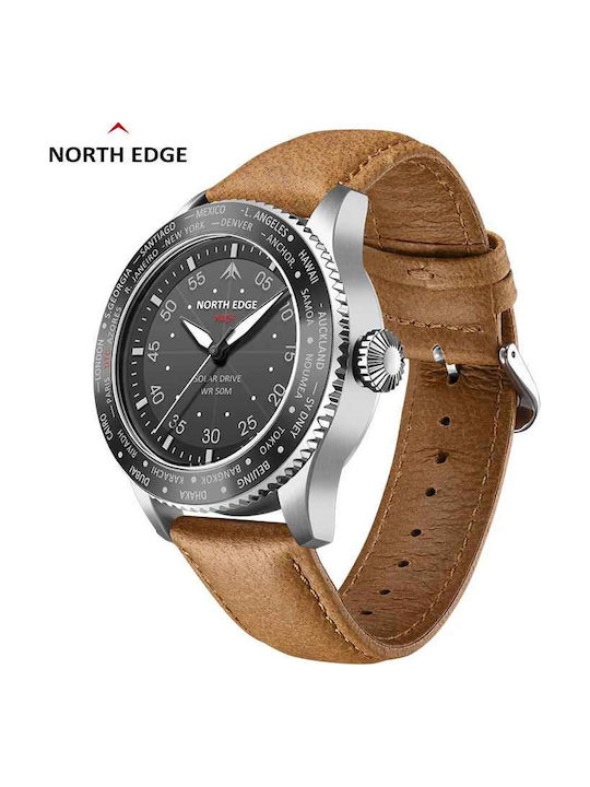 North Edge Ceas Digital Bărbătesc 22mm Cronograf Solar cu Curea din Piele Maro