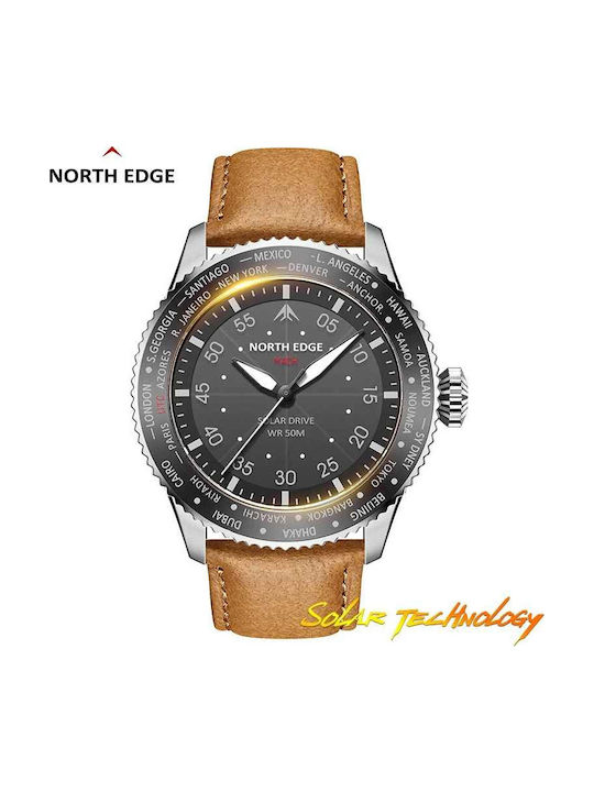 North Edge Ceas Digital Bărbătesc 22mm Cronograf Solar cu Curea din Piele Maro