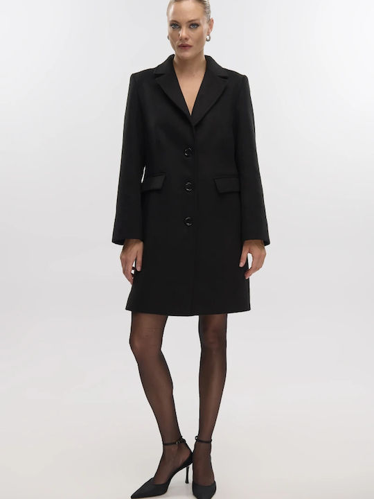 Women's Black Peacoat with Buttons