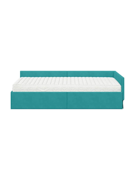 Pat Single Tapițat cu Catifea Turcoaz cu Plăci și Saltea 100x200cm