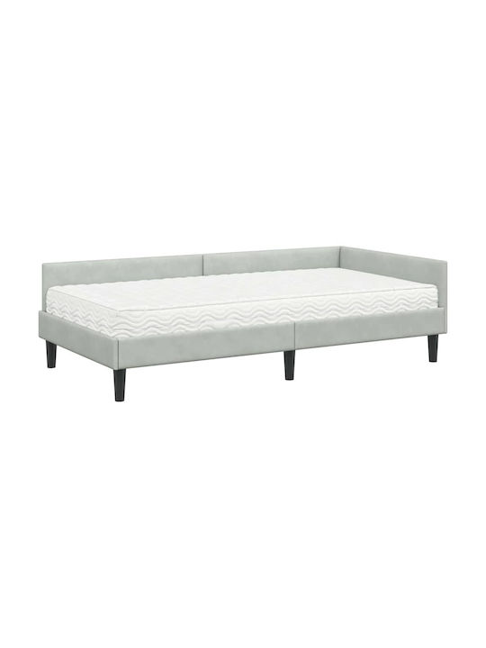 Pat Single Tapițat cu Catifea Gri Deschis cu Plăci și Saltea 94x190cm