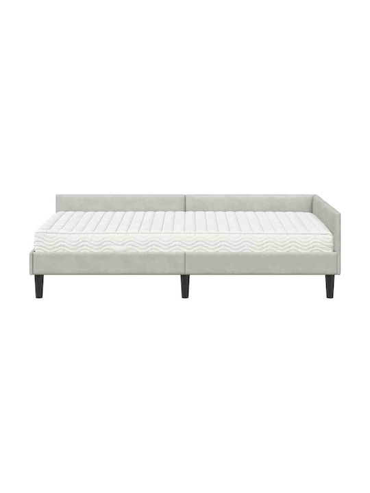Pat Single Tapițat cu Catifea Gri Deschis cu Plăci și Saltea 94x190cm