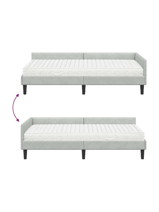 Pat Single Tapițat cu Catifea Gri Deschis cu Plăci și Saltea 94x190cm