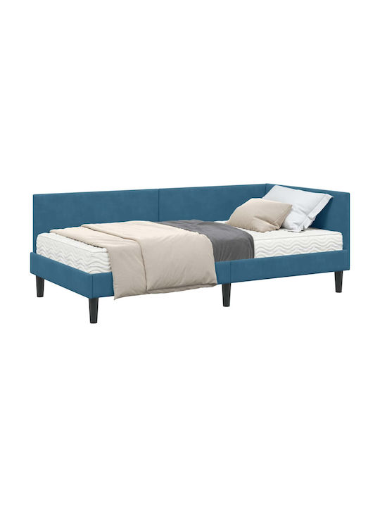Single Bed Upholstered with Velvet Blue Velvet with Slats and Mattress 80x200cm