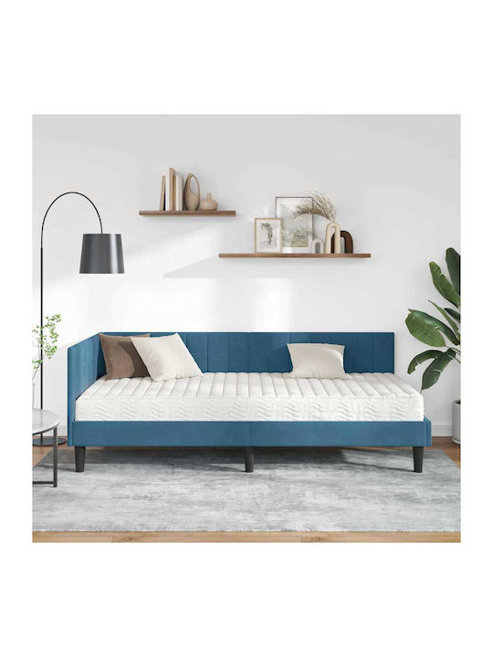 Pat Single Tapițat cu Catifea Albastră Catifea cu Plăci și Saltea 94x190cm