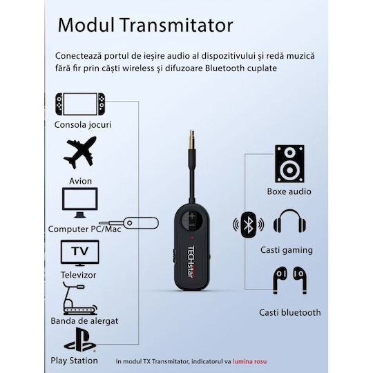 Wireless 2 În 1 Receptor Transmițător Audio Tx Rx Techstar M28 Negru Bluetooth Bt 5.3 Conector Port Audio 3.5mm