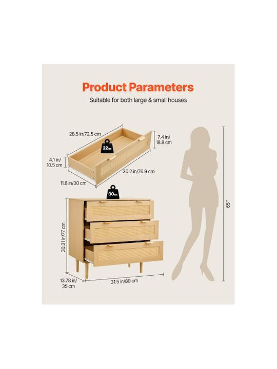 Wooden Chest of Drawers with 3 Drawers Natural Rattan 80x35x77cm
