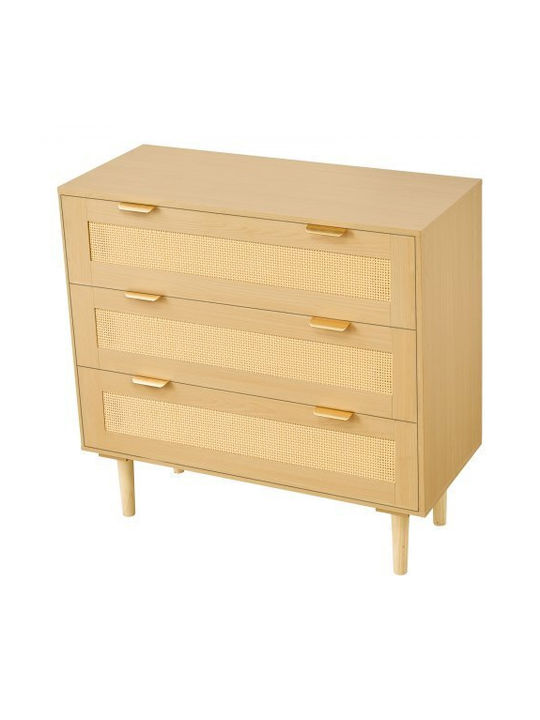 Wooden Chest of Drawers with 3 Drawers Natural Rattan 80x35x77cm