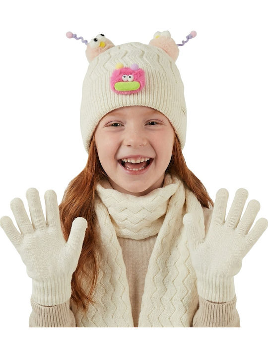Kids Beanie Set with Scarf & Gloves Knitted Beige