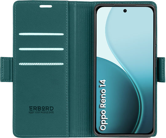 Husă Oppo Reno 14 Erbord Glossy Litchi Portofel Cu Clapetă Rabatabilă Verde