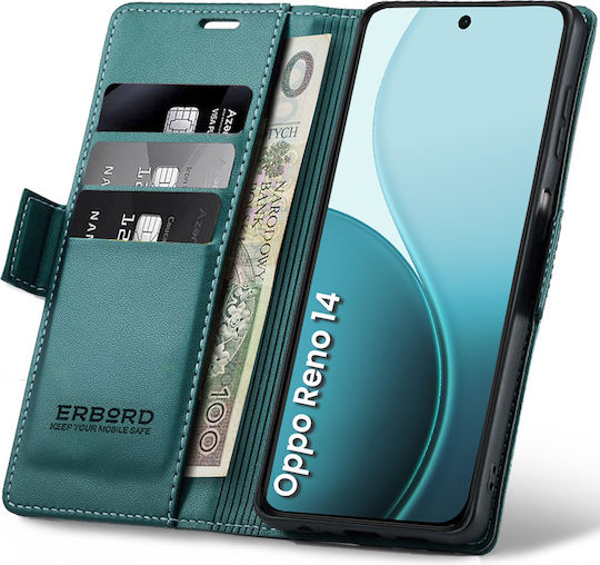 Husă Oppo Reno 14 Erbord Glossy Litchi Portofel Cu Clapetă Rabatabilă Verde
