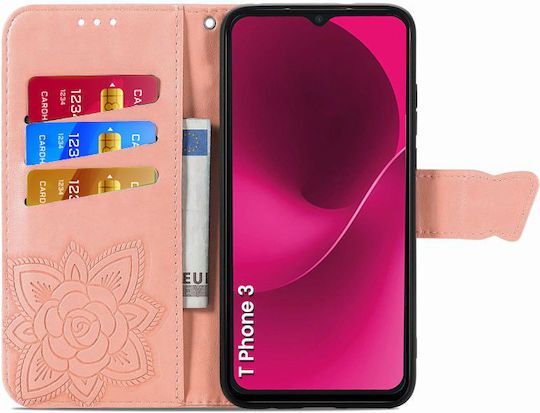 Husă Cu Capac Pliabil T Phone 3 5g Butterfly Roz Roz Auriu