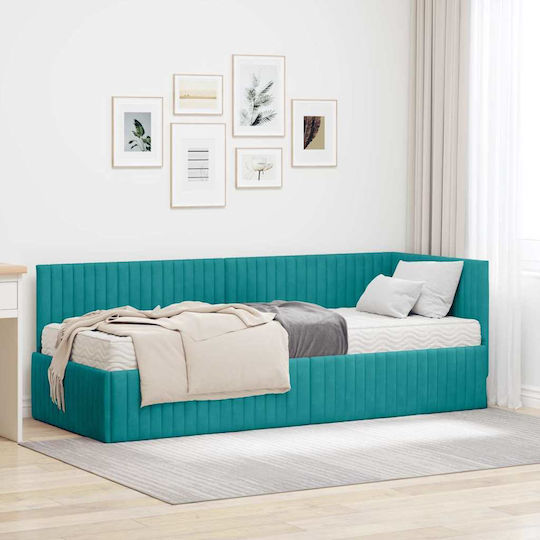 Single Bed Upholstered with Velvet Turquoise Velvet with Slats and Mattress 80x200cm