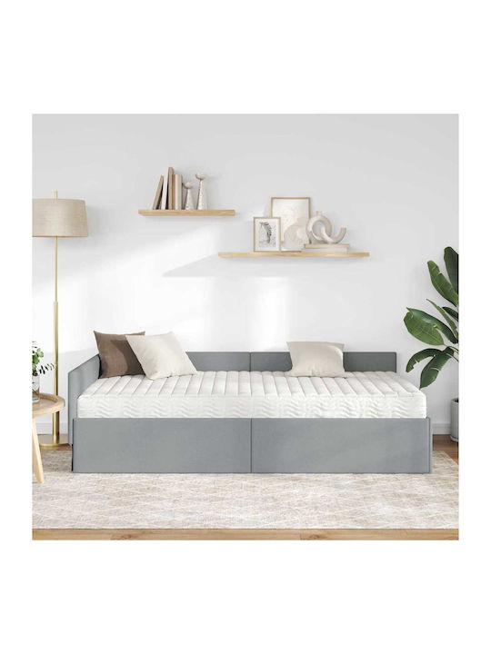 Pat Single Tapițat cu Material Gri Deschis cu Plăci și Saltea 100x200cm