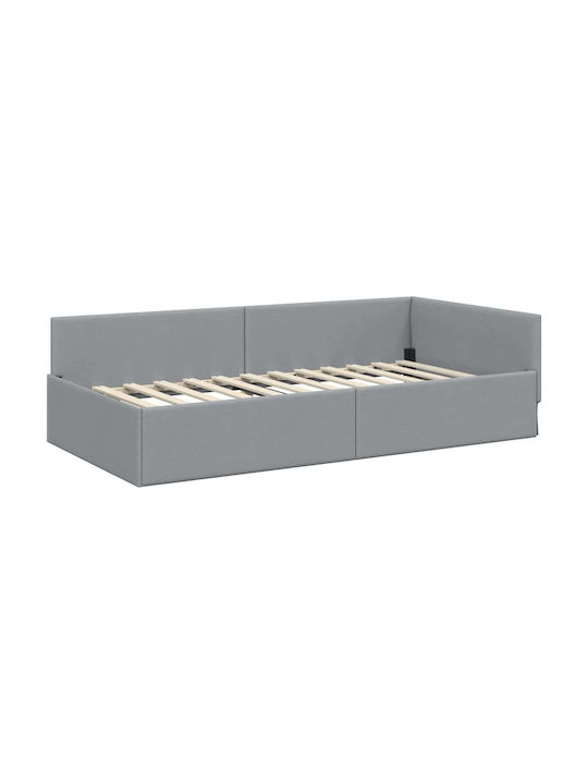 Pat Single Tapițat cu Material Gri Deschis cu Plăci și Saltea 100x200cm