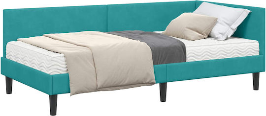 Single Upholstered Bed with Velvet Turquoise with Slats & Mattress 80x200cm