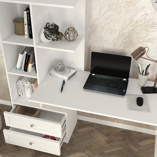 Birou Mantra Din Lemn cu Bibliotecă Alb 150x60x152cm
