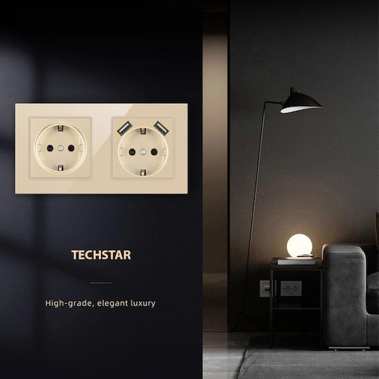 Двоен Стенен Контакт 2 Usb Порта Стъклен Панел Ts-g 110-250v 16a Огнеупорен 80x151mm Златист