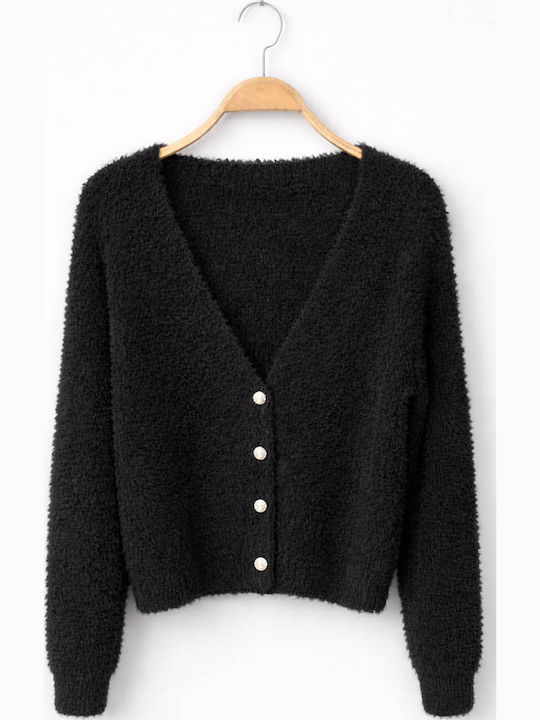 Kurze Gestrickte Damenstrickjacke mit Knöpfen Schwarz