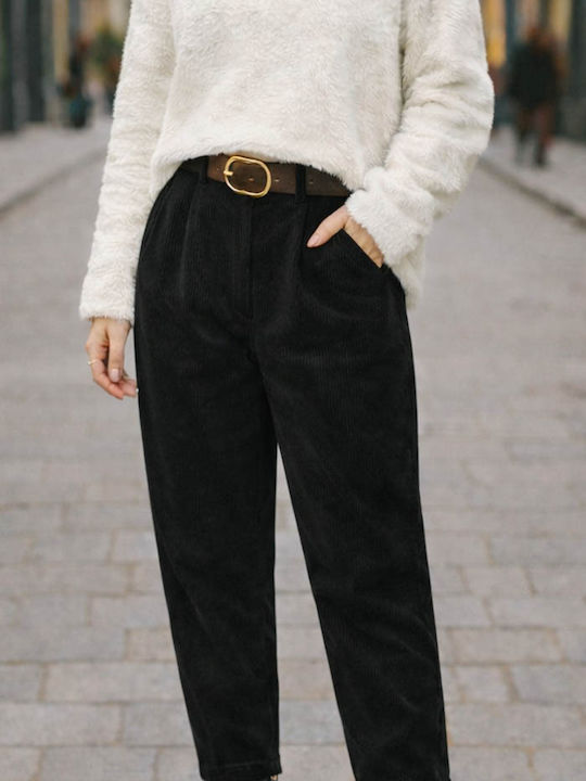 Women's High-waisted Fabric Trousers with Elastic Slim Fit Black