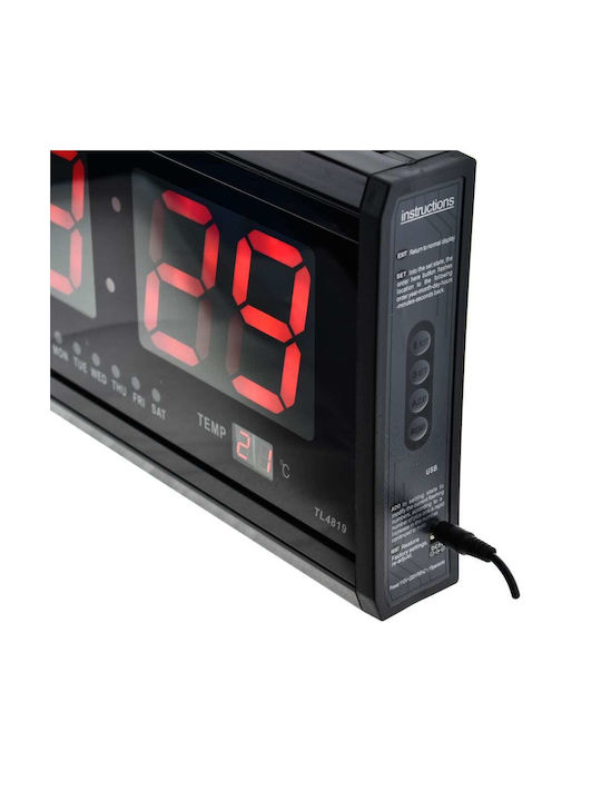 LED табела Стенен часовник Дигитален Пластмаса Черен 46x22см