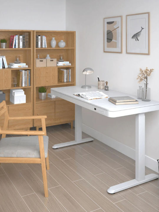 Birou Electric E-desk Din Lemn De Fag Alb Cu Picioare Metalice Și Înălțime Reglabilă 120x60x72cm