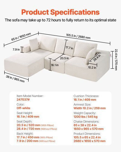 Corner Couch with Reversible Angle Beige 265x165x57 cm