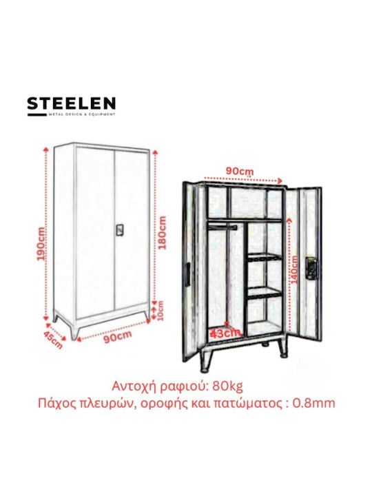 Double-Leaf Metallic Galvanized Cabinet with Locking Capability 90x45x190 cm