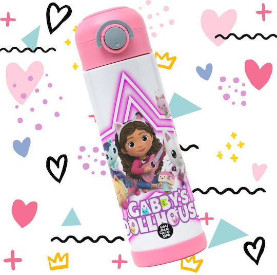 Koupakoupa Gabby Dollhouse Kids Water Bottle Stainless Steel with Straw Pink 500ml