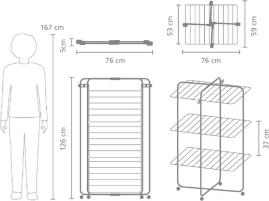 Brabantia Hangon Tower Folding Floor Clothes Drying Rack Stainless Steel with Wheels with Hanging Length 23m