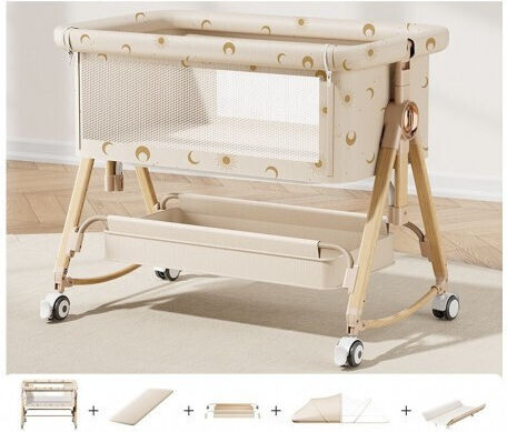 Lazarid Wiege mit Matratze und Rädern Beige