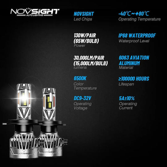 NovSight Car Lamps H4 LED 6500K Cold White 12V / 9-32V 130W Quantity 2