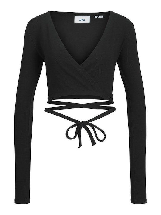 Women's Crop Top Cotton Long Sleeve with V Neckline Black
