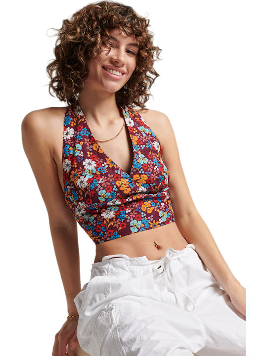 Vintage Γυναικείο Καλοκαιρινό Crop Top Λινό Αμάνικο με Δέσιμο στο Λαιμό Floral Πολύχρωμο