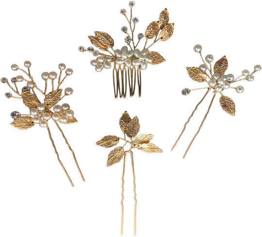 Set of 4 Hairpins Bridal Hair Comb Gold Pearls Tamta
