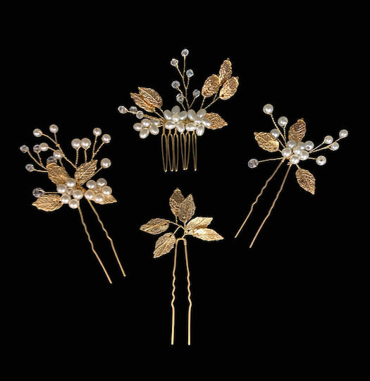 Set of 4 Hairpins Bridal Hair Comb Gold Pearls Tamta