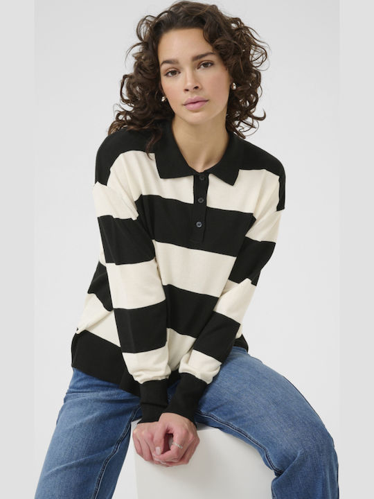 Bluza Damă Mânecă Lungă Pulover Cu Dungi Negru-Ecru