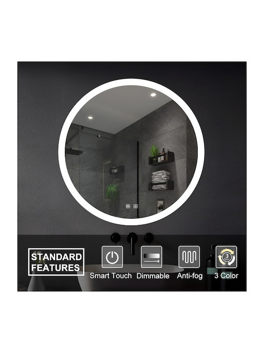 H2O Round Bathroom Mirror Led Touch Metal 70x70cm