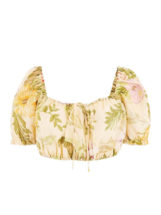Γυναικείο Καλοκαιρινό Crop Top Off-Shoulder Λινό Κοντομάνικο Floral Μπεζ