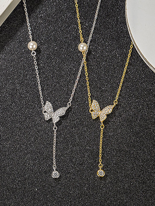 By Queen Κολιέ Butterfly Μαργαριτάρι Zircon Ασημένιο