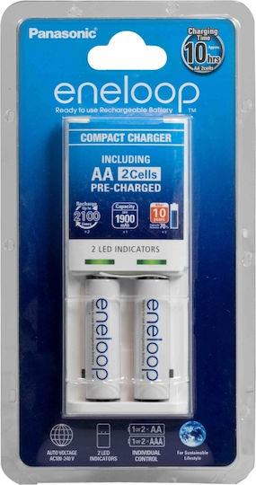 Panasonic Eneloop Compact BQ-CC50 Încărcător 2 Baterii Ni-MH Dimensiune AA Set cu 2x AA 1900mAh în culoarea Alb