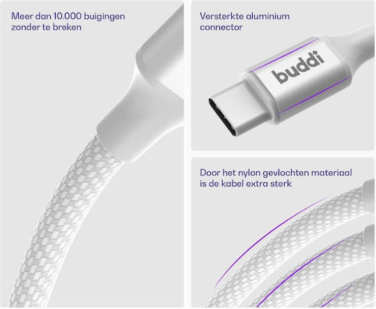 Buddi Flex USB 2.0 Cable USB-C male - USB-C 60W White 3m