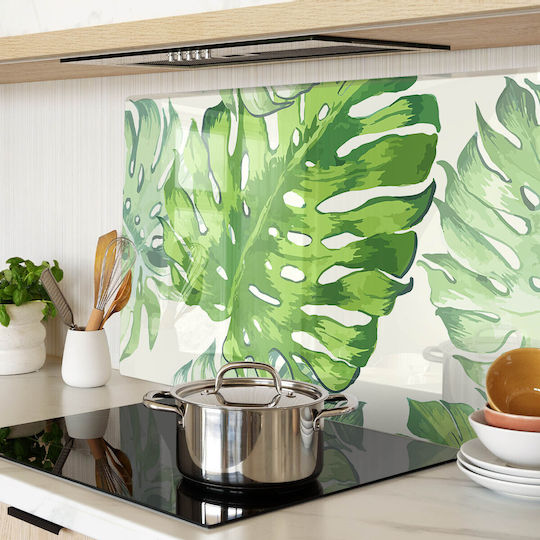 Placă De Sticlă Pentru Bucătărie Sticlă Temperată Model Frunze Tropicale 80x52 Cm