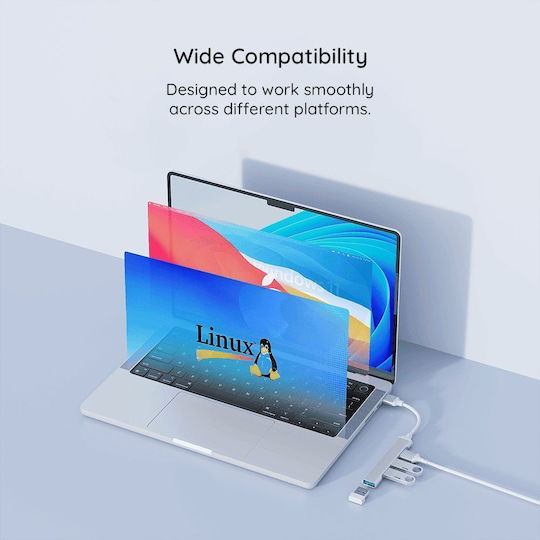 Techsuit USB Hub 4 Ports USB 3.0 with USB-C Connection Gray