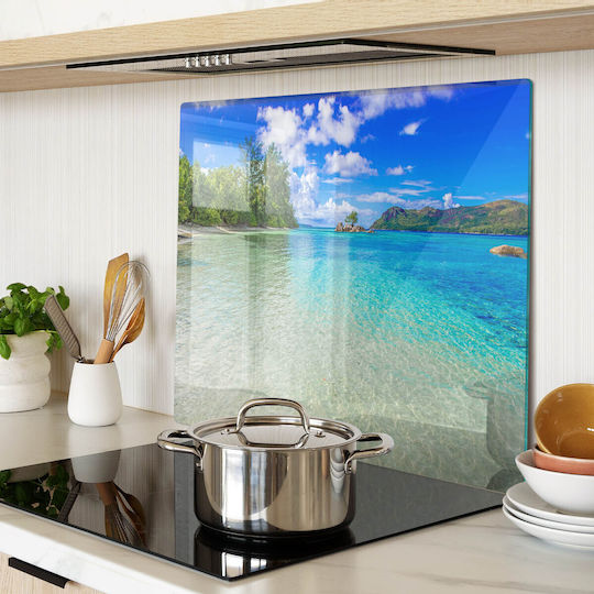 Glass Kitchen Board Counter Protection Seychelles Beach 60x52 Cm