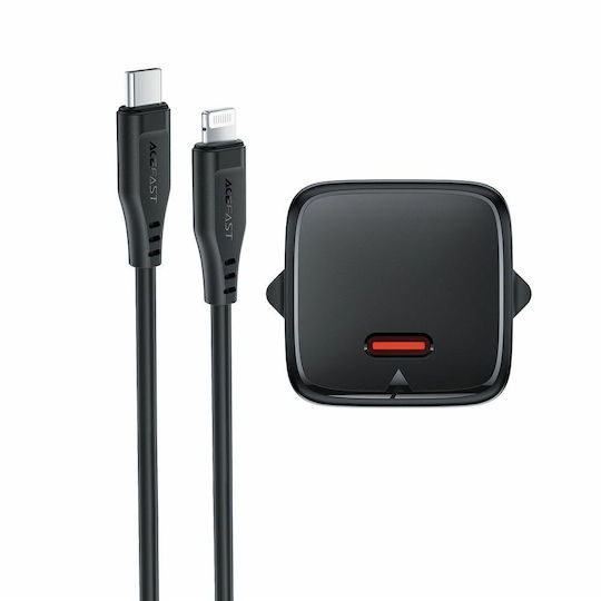Acefast Charger GaN with USB-C Port and Cable USB-C - Lightning 30W Power Delivery Blacks (A118)