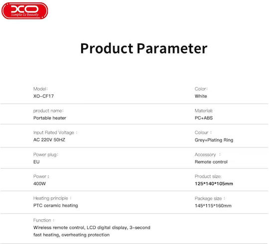 XO Керамичен Вентилаторен нагревател Стая За под Сив 400W