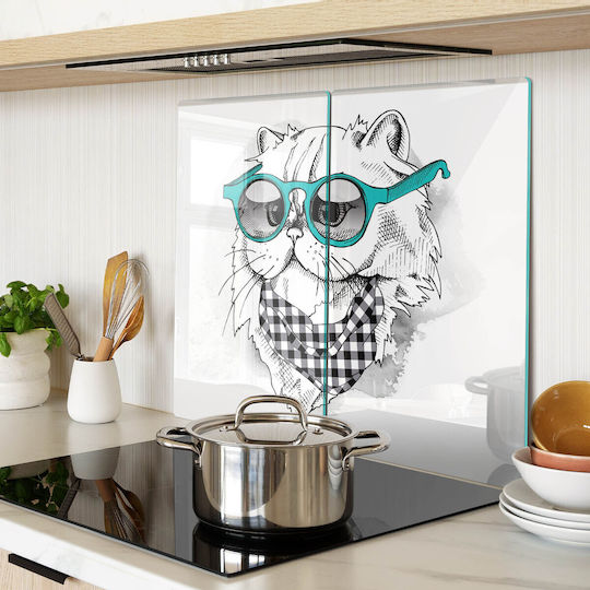 Multifunktionale Glas-Schneideplatte Küchenplatte Gehärtetes Glas Katze Brille 2x30x52 cm