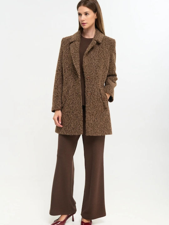 Curly Women's Brown Peacoat with Buttons